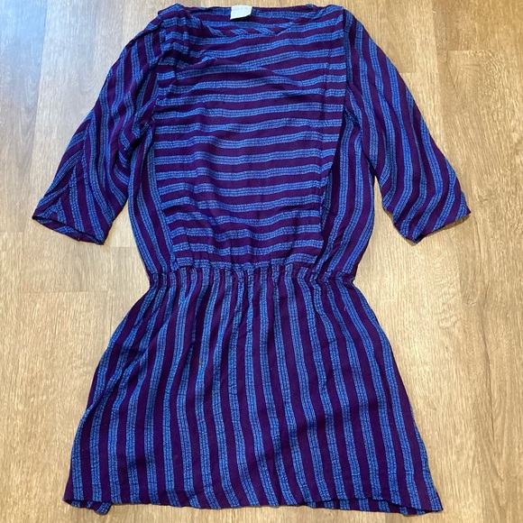 Vintage Dresses & Skirts - Vintage 90s Purple Blue Striped Drop Waist Dress 3/4 Sleeve Medium
